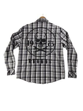 Affliction Shirt Mens 2XL Black Plaid Cotton Long Sleeve Skull Button-Up Biker